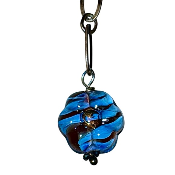 Long Gold tone and Blue Glass Flower Earrings - Picture 4 of 4